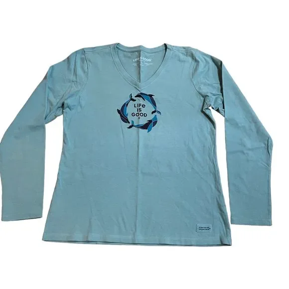 Life Is Good Crusher Tee Womens Long Sleeve Tee Size Small S Green V-Neck Shirt - Picture 1 of 10